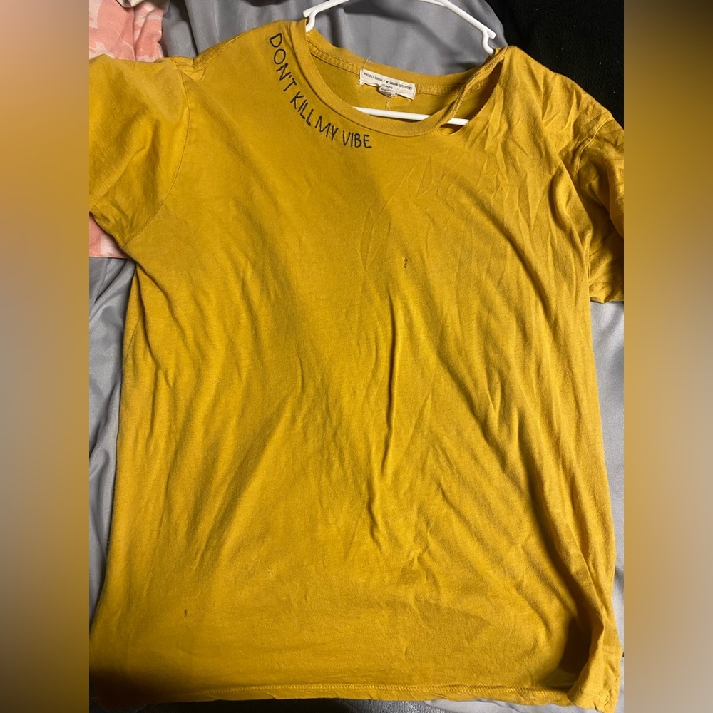 Yellow urban outfitters blouse. “Don’t kill my vibe” stitching around neck.